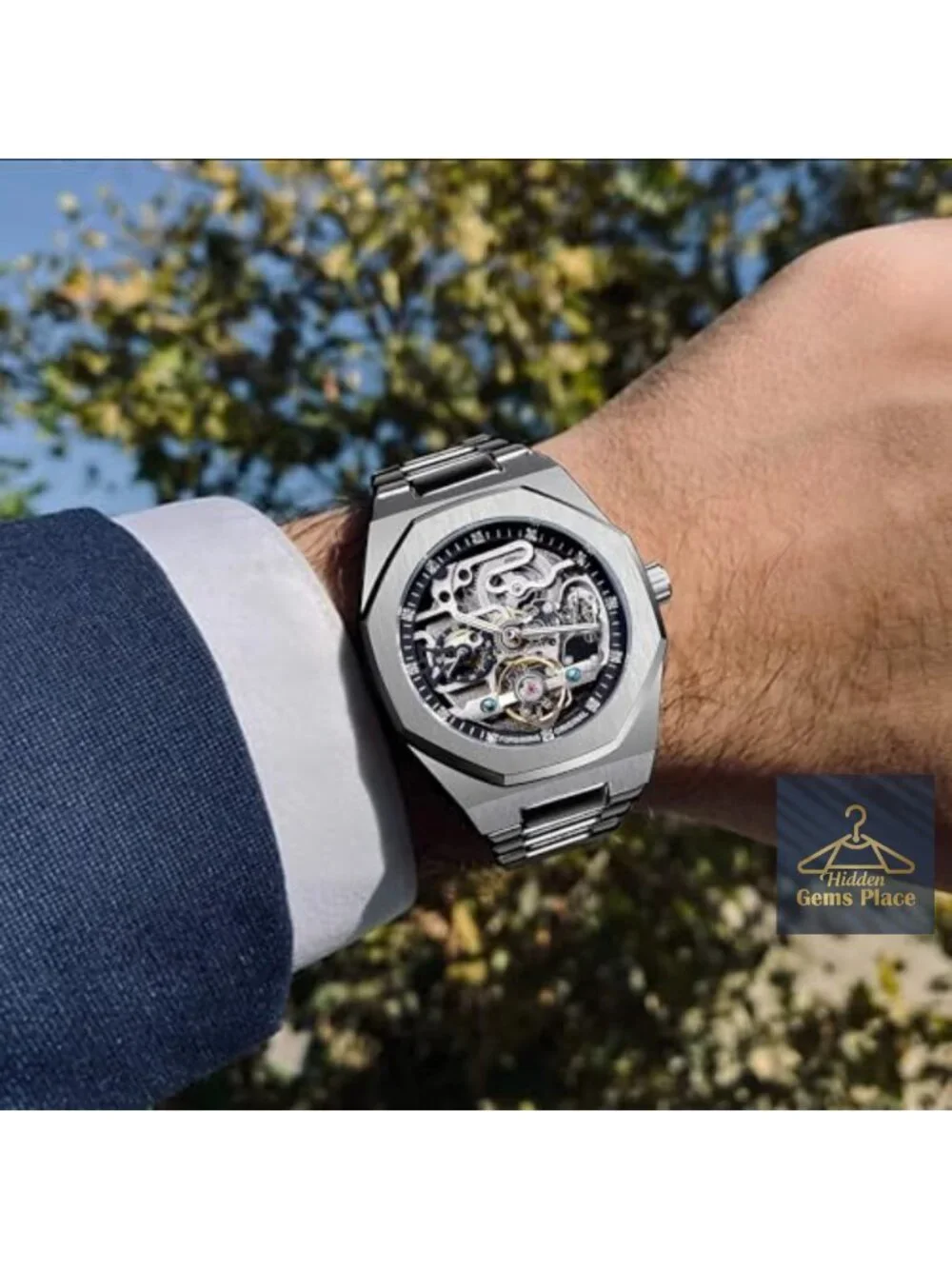 Men's Automatic Self-Wind Mechanical Watch Stainless Steel Skeleton Dial